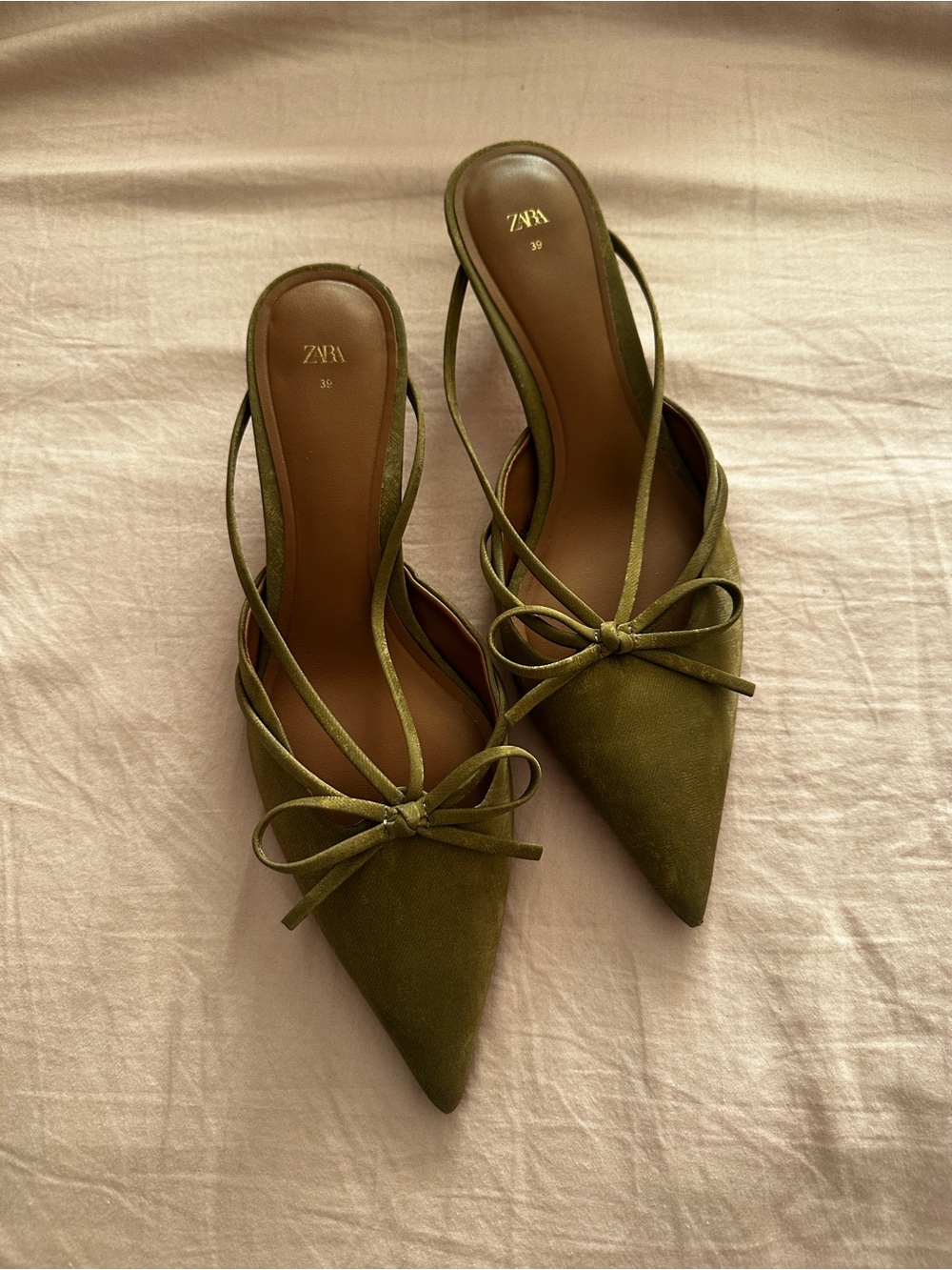 ZARA Olive Green Pointed Bow Slingback Mules